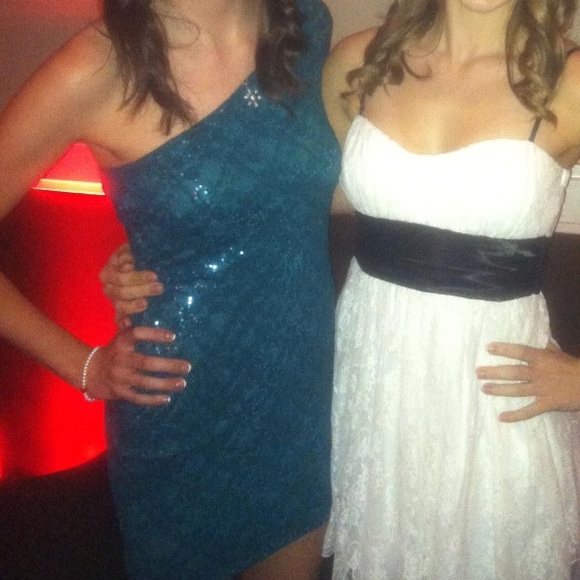 Sequined, turquoise, one-shoulder formal dress. - Picture 5 of 5